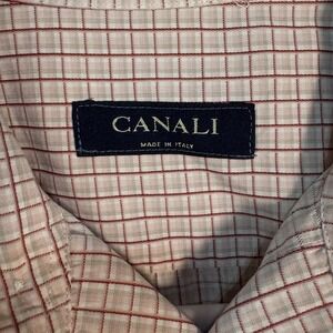 Canali‎ Dress Shirt Mens Sz L (15.5/34) Burgundy Pink  Micro Check Lightweight